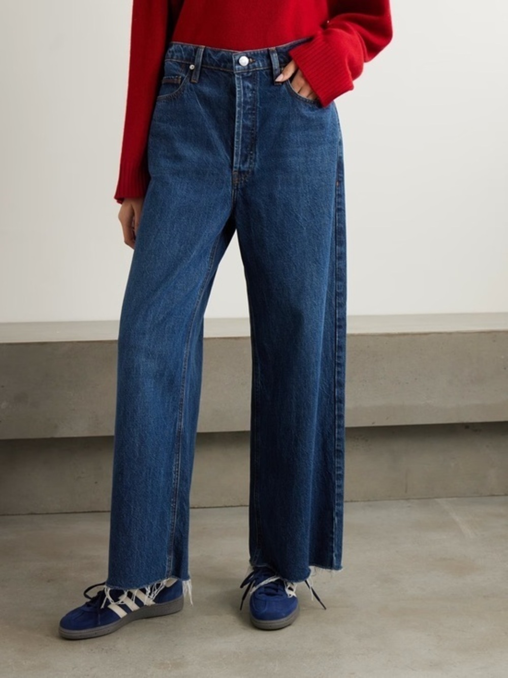 Frame The Baggy Wide Leg Jeans Blue Whisker Wash Lightly Distressed 27